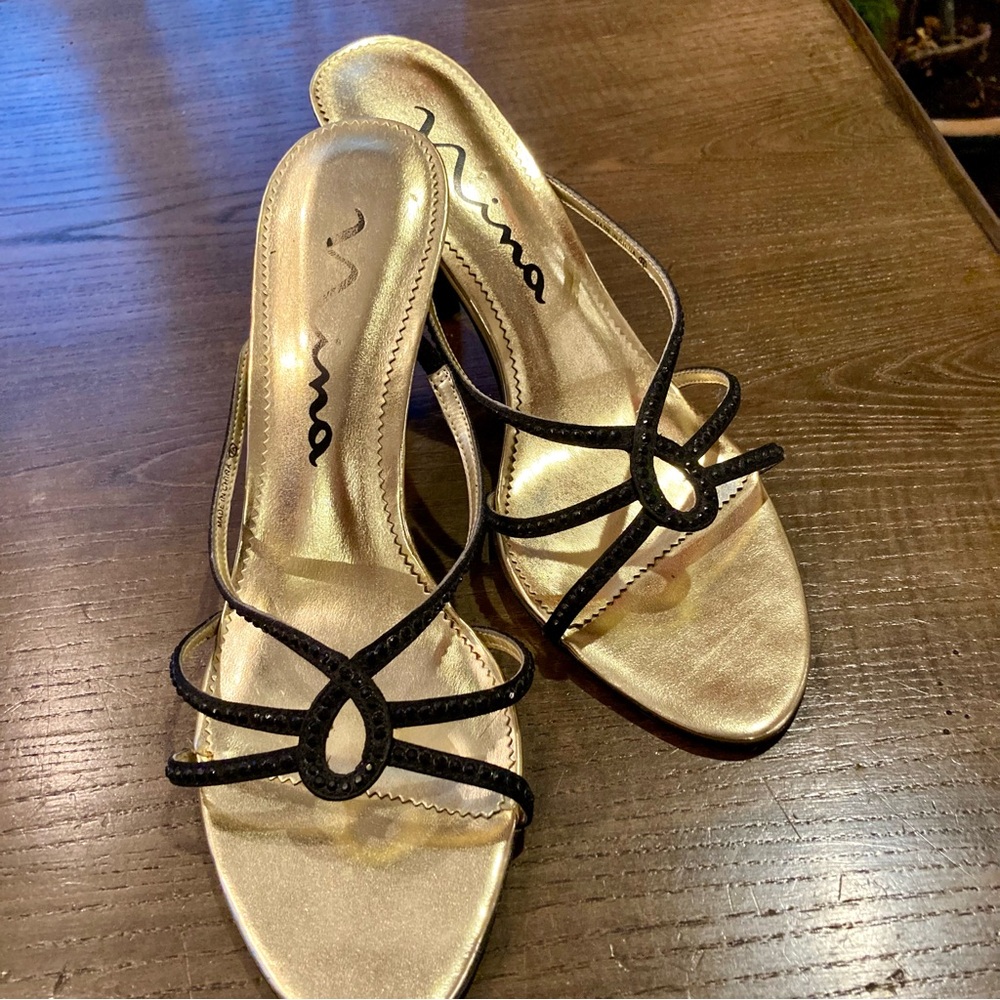 Nina Black sandals. Special Occasion size 8.5. Three Inch Heels